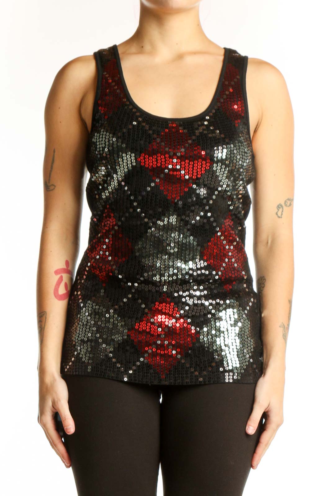 Black sequin tank top with red and silver floral pattern, front view