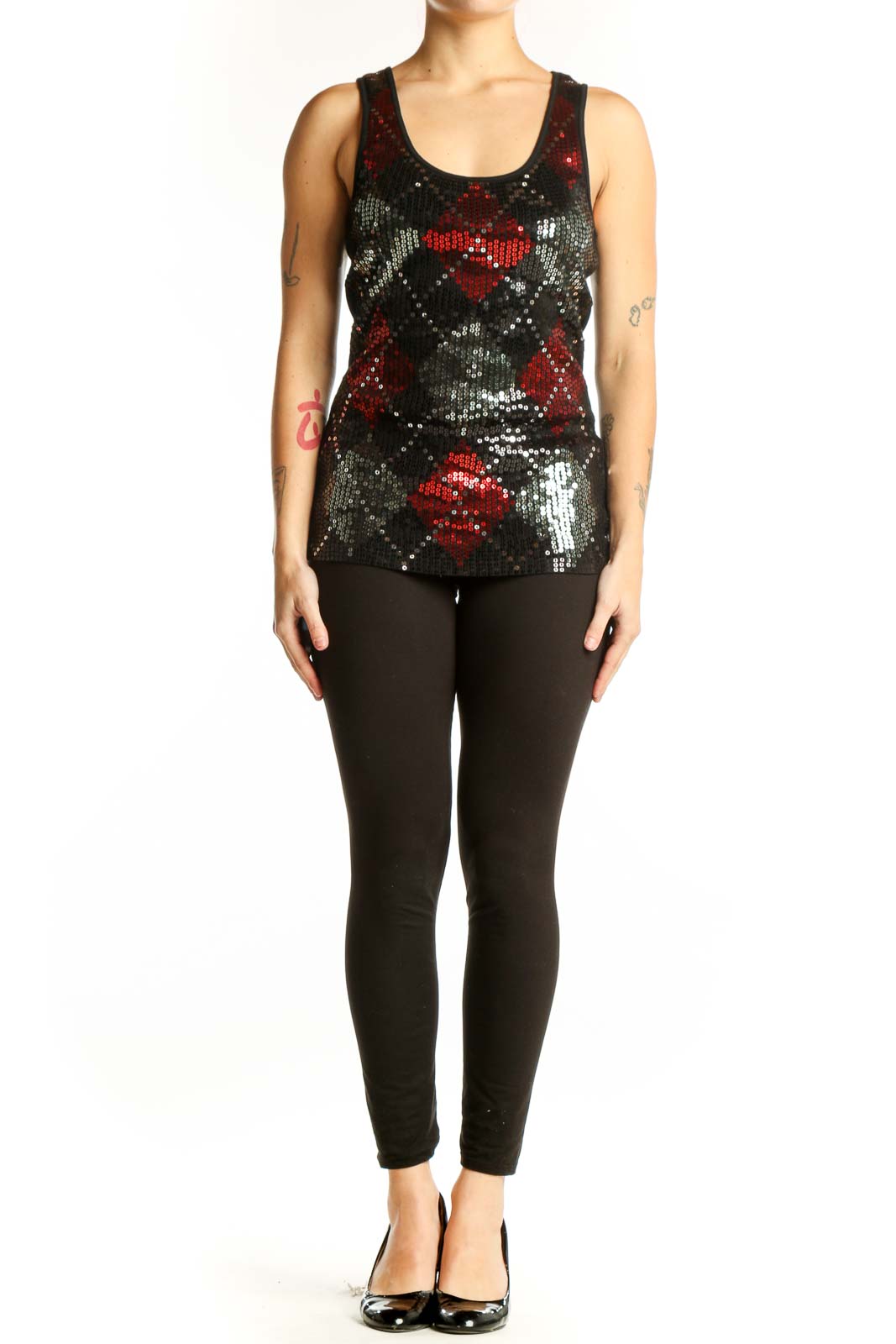 Black sequin tank top with red and silver floral pattern, front view