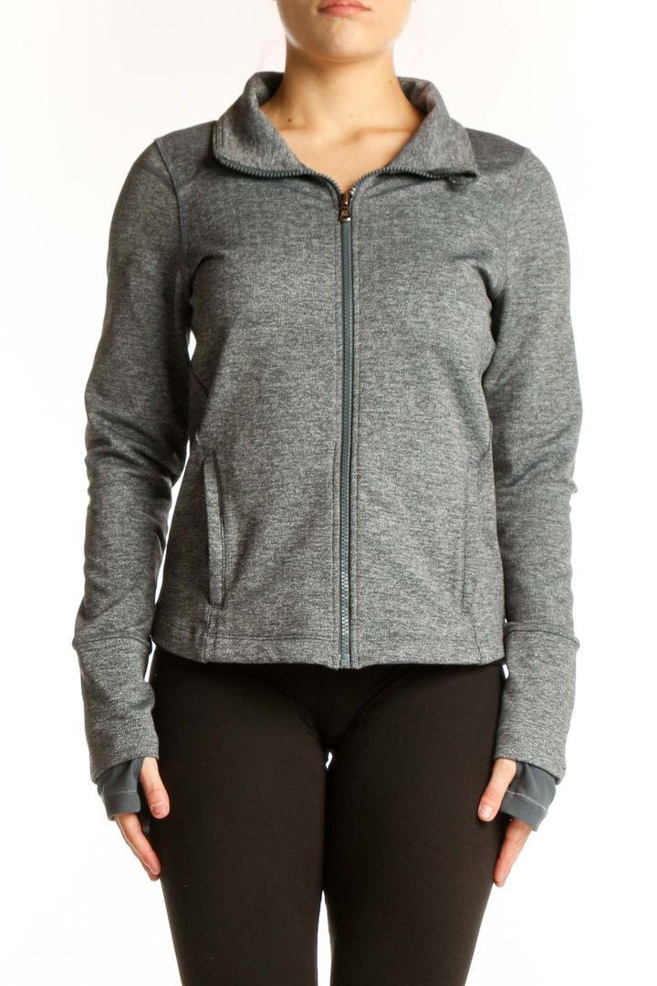 Under Armour gray zip-up athletic jacket front view, women's size small with collared neckline and side pockets