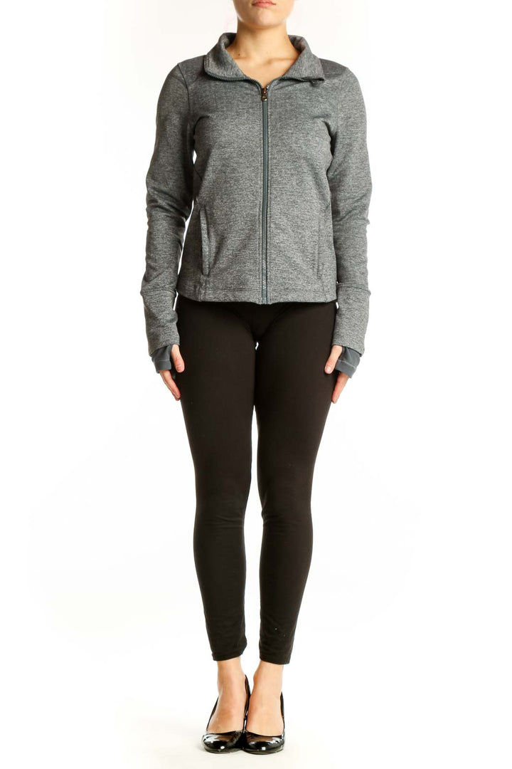 Under Armour gray zip-up athletic jacket front view, women's size small with collared neckline and side pockets