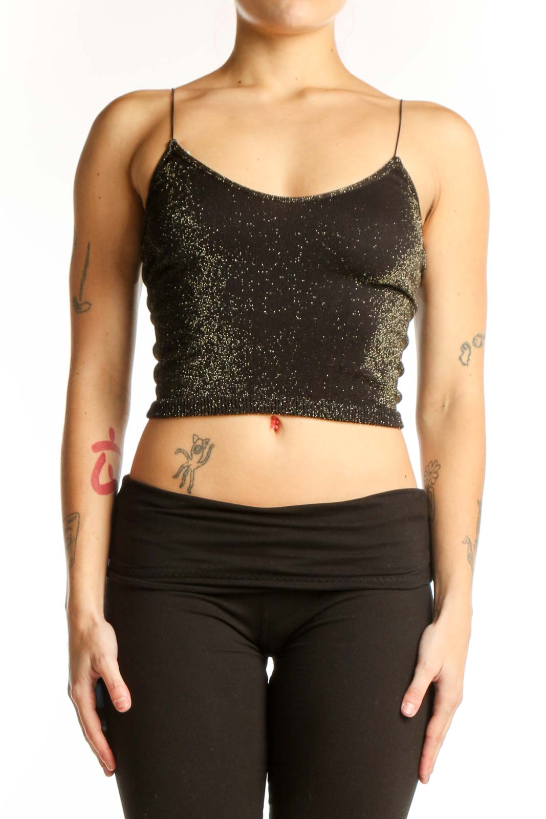 Black metallic sparkle crop camisole with spaghetti straps, front view on model
