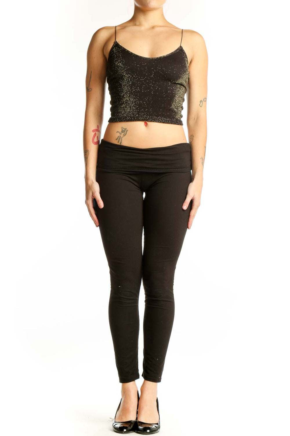 Black metallic sparkle crop camisole with spaghetti straps, front view on model