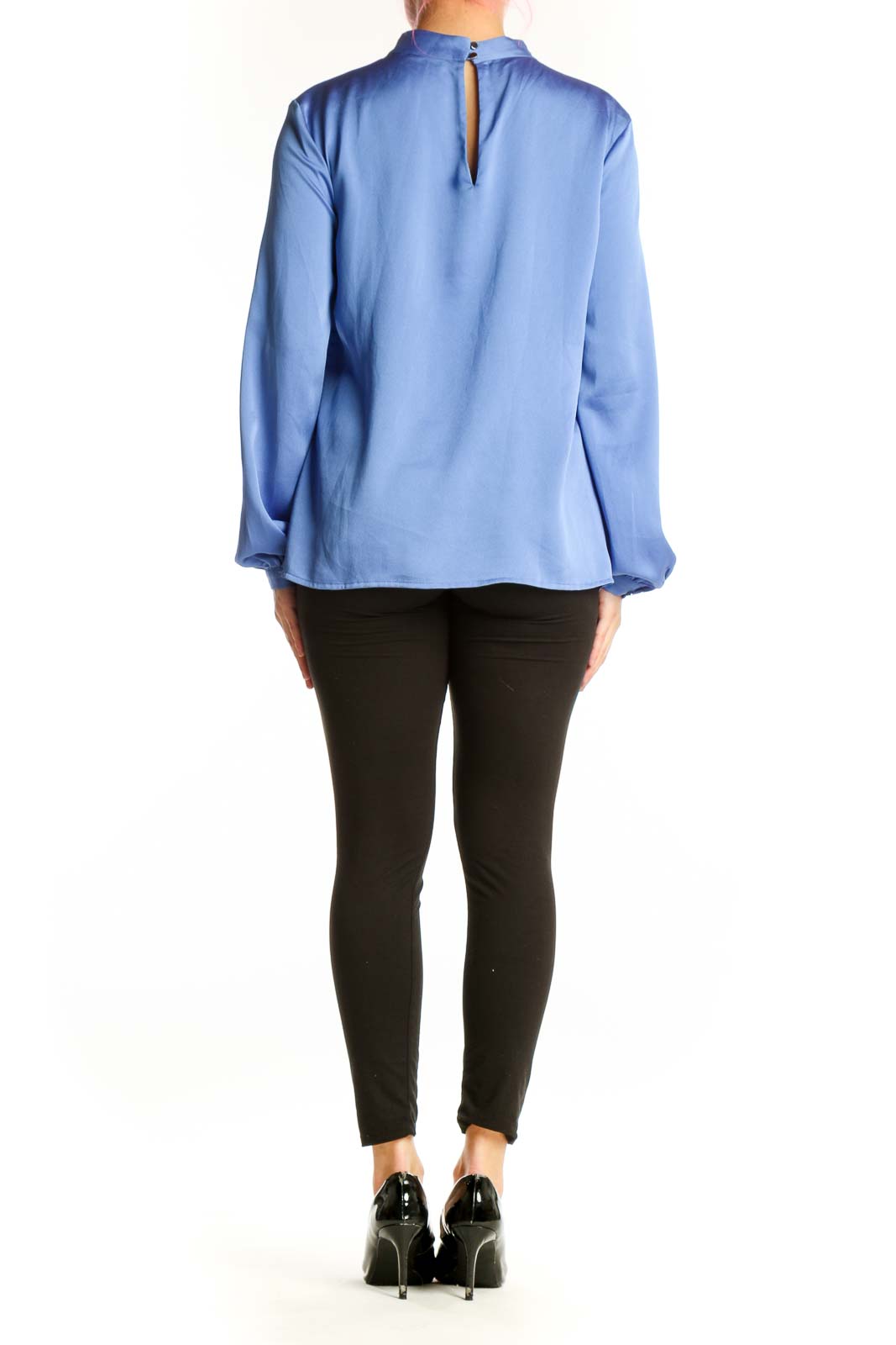 Back view of blue mock neck polyester blouse showing relaxed fit and sleeve detail