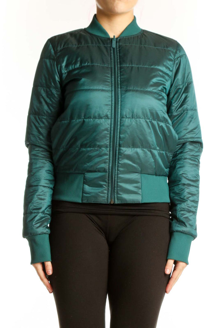 Lululemon teal quilted puffer bomber jacket front view with full-length zipper and ribbed trim