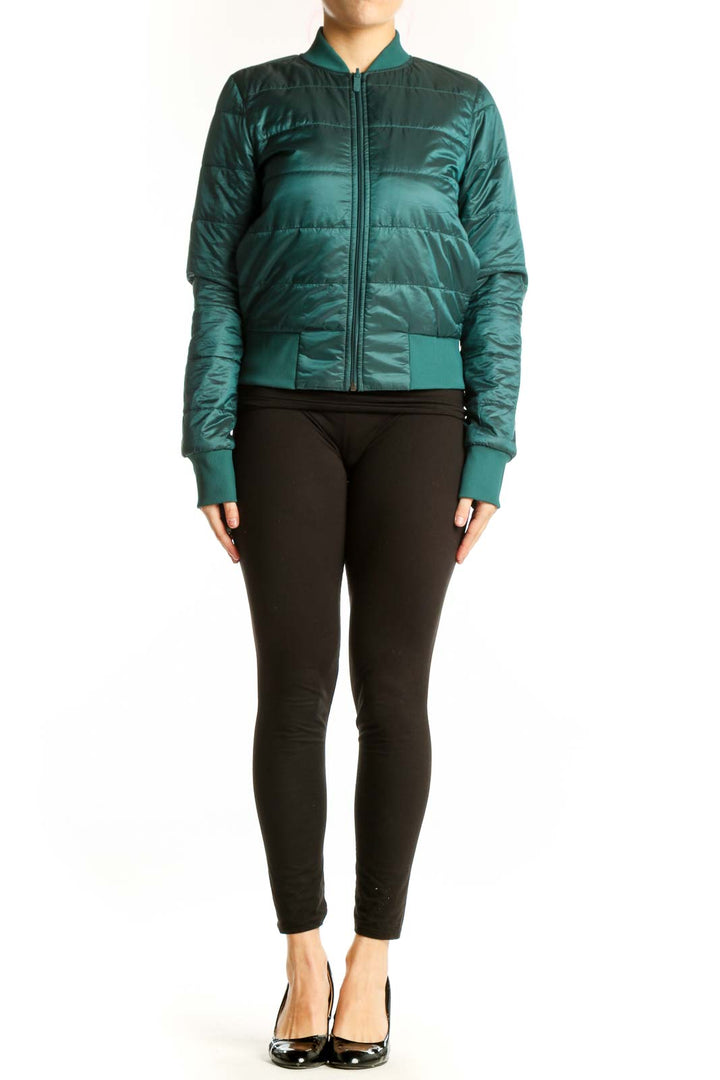 Lululemon teal quilted puffer bomber jacket front view with full-length zipper and ribbed trim