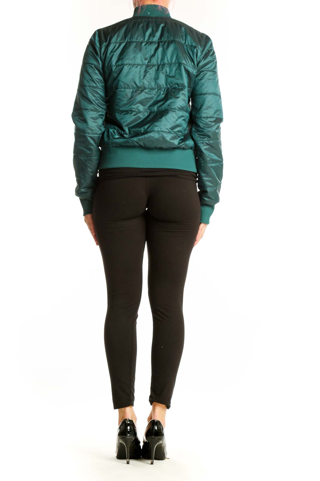 Lululemon teal puffer bomber jacket back view showing sleek quilted design and cropped silhouette