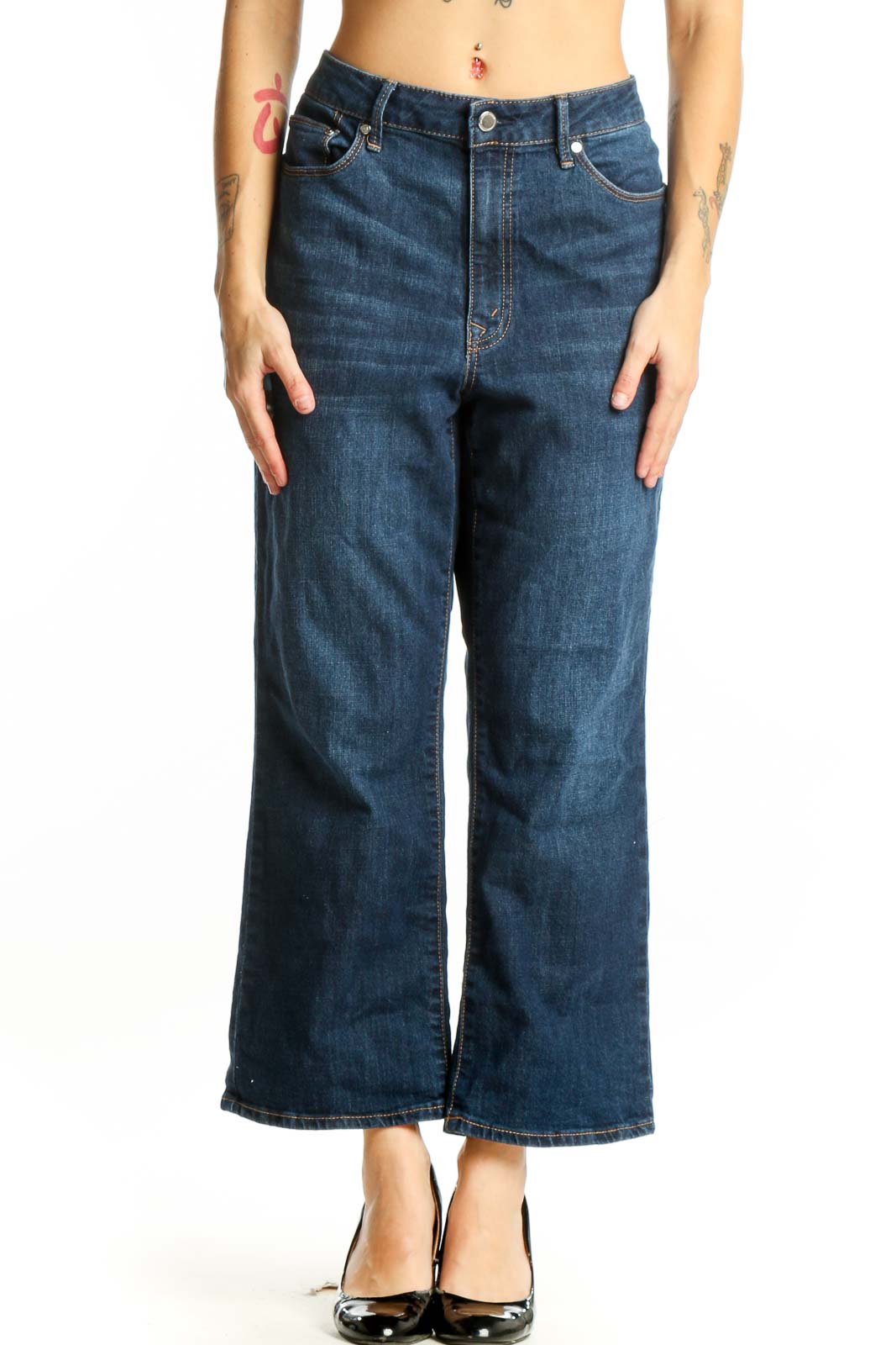 Rebecca Minkoff blue wide leg cropped denim jeans front view, size L with classic five-pocket styling