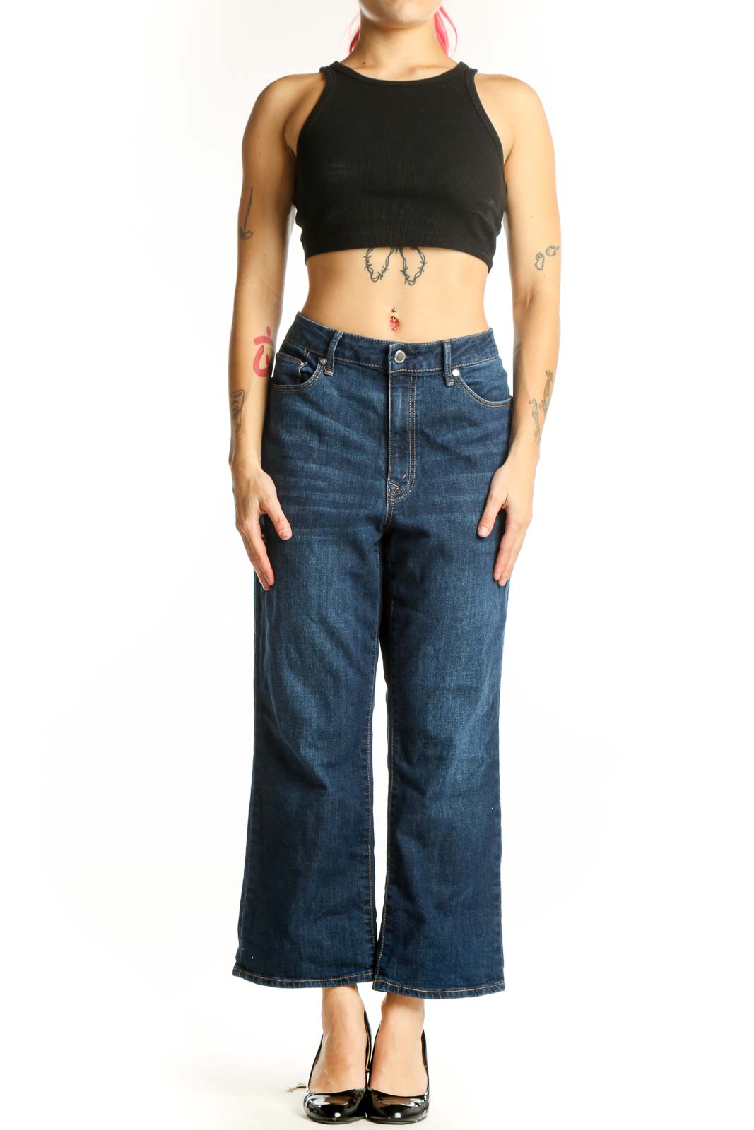 Rebecca Minkoff blue wide leg cropped denim jeans front view, size L with classic five-pocket styling