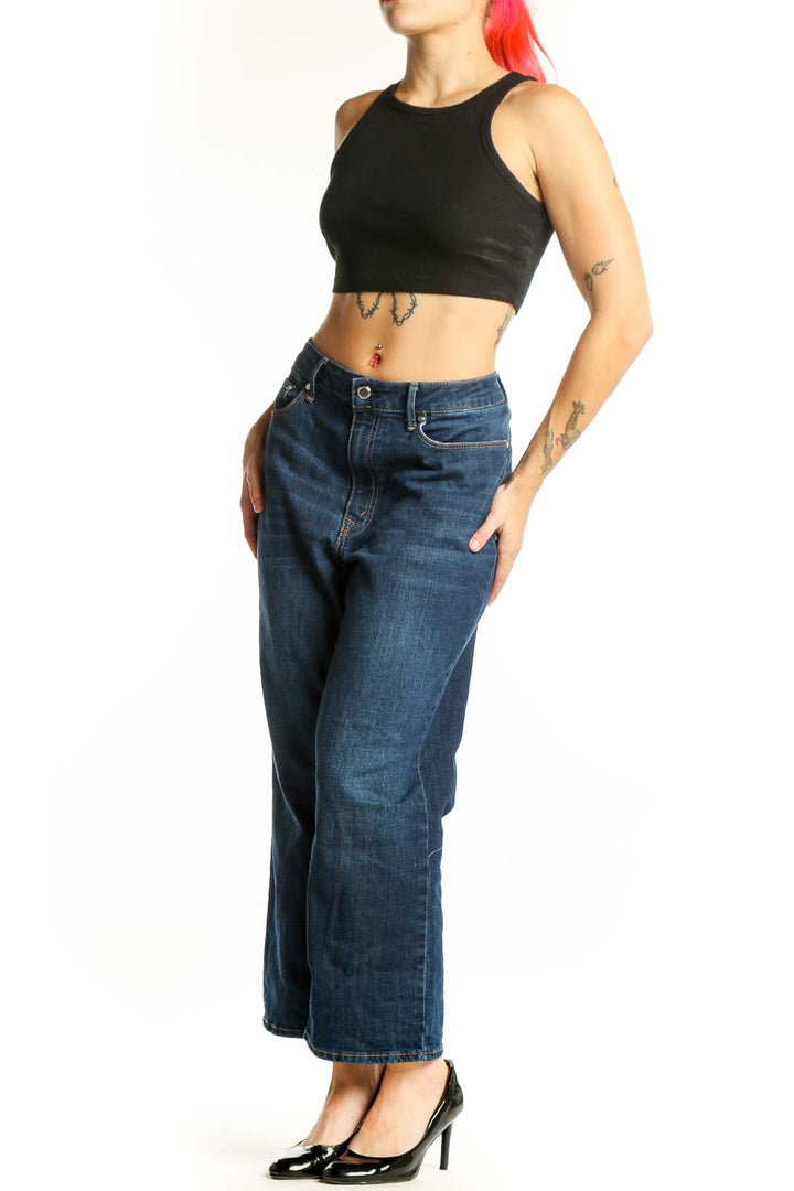 Rebecca Minkoff blue wide leg cropped denim jeans front view, size L with classic five-pocket styling