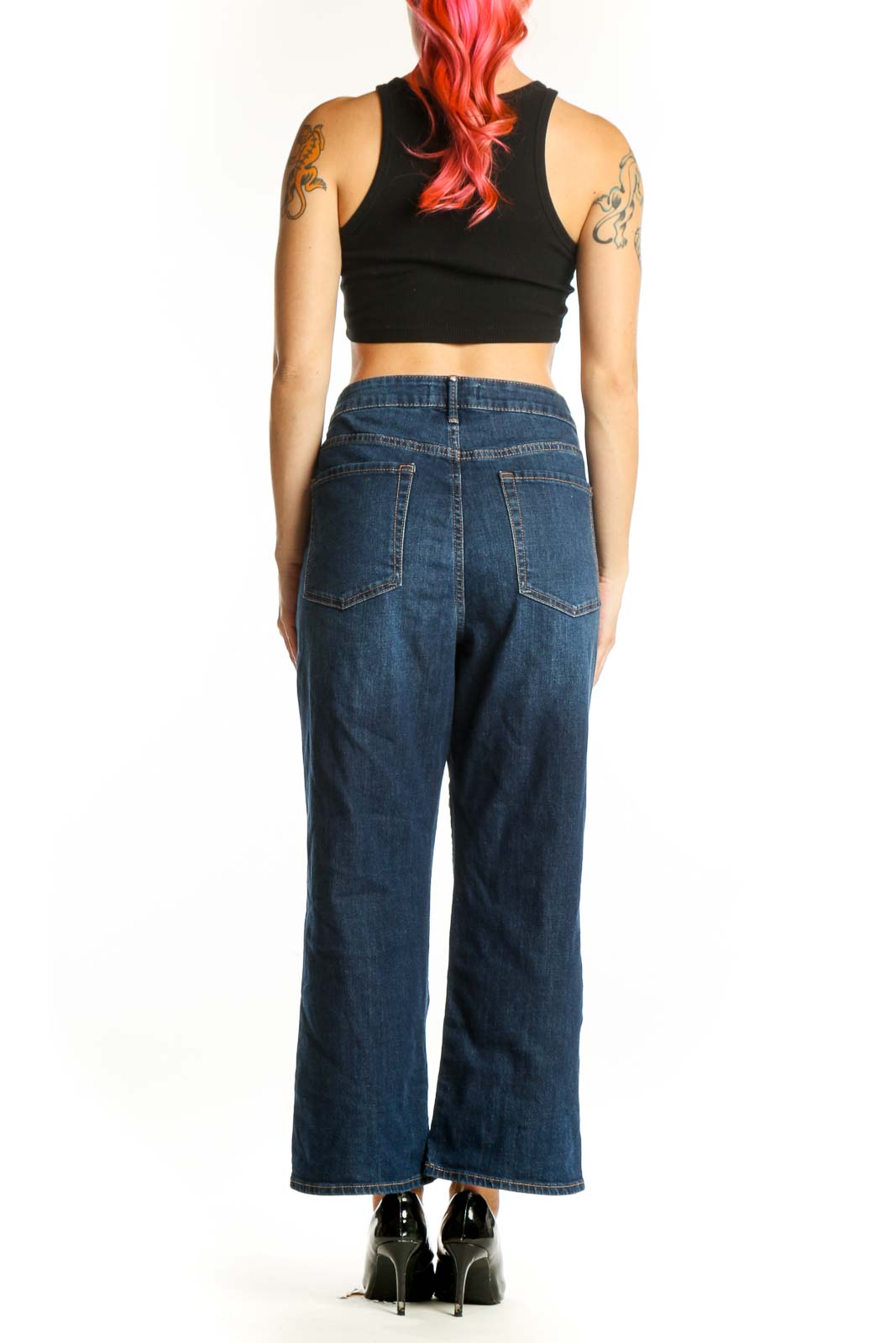 Rebecca Minkoff blue wide leg cropped denim jeans back view, showing flattering fit and cropped ankle length