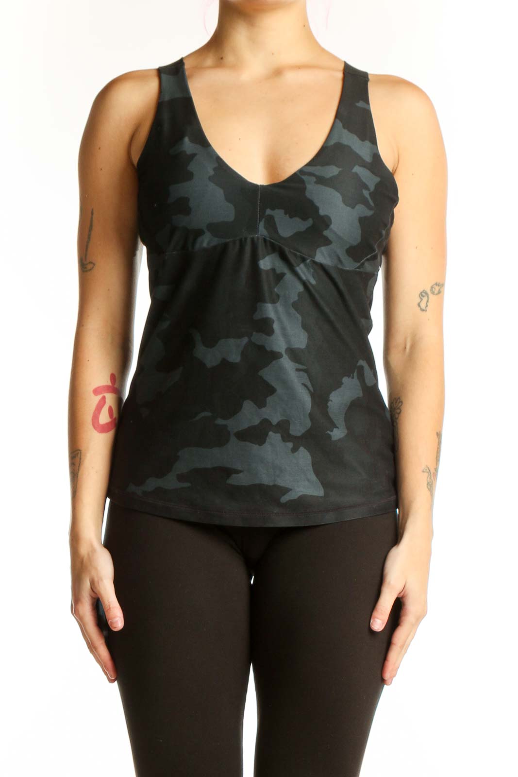 Black camouflage V-neck athletic tank top with ruched front detail, front view