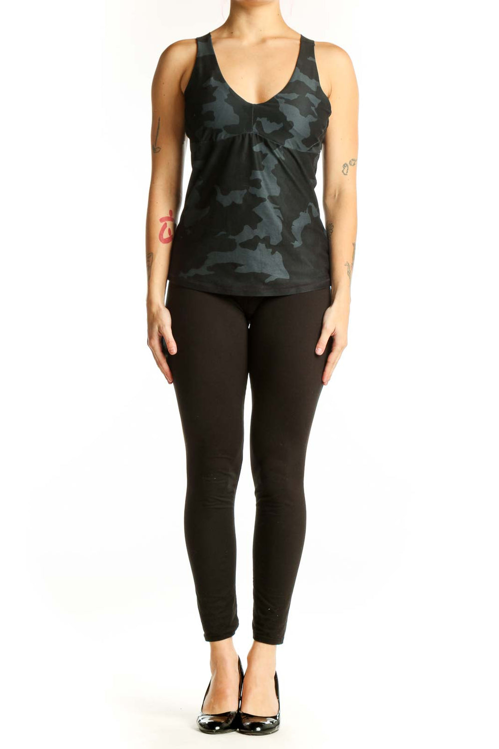 Black camouflage V-neck athletic tank top with ruched front detail, front view