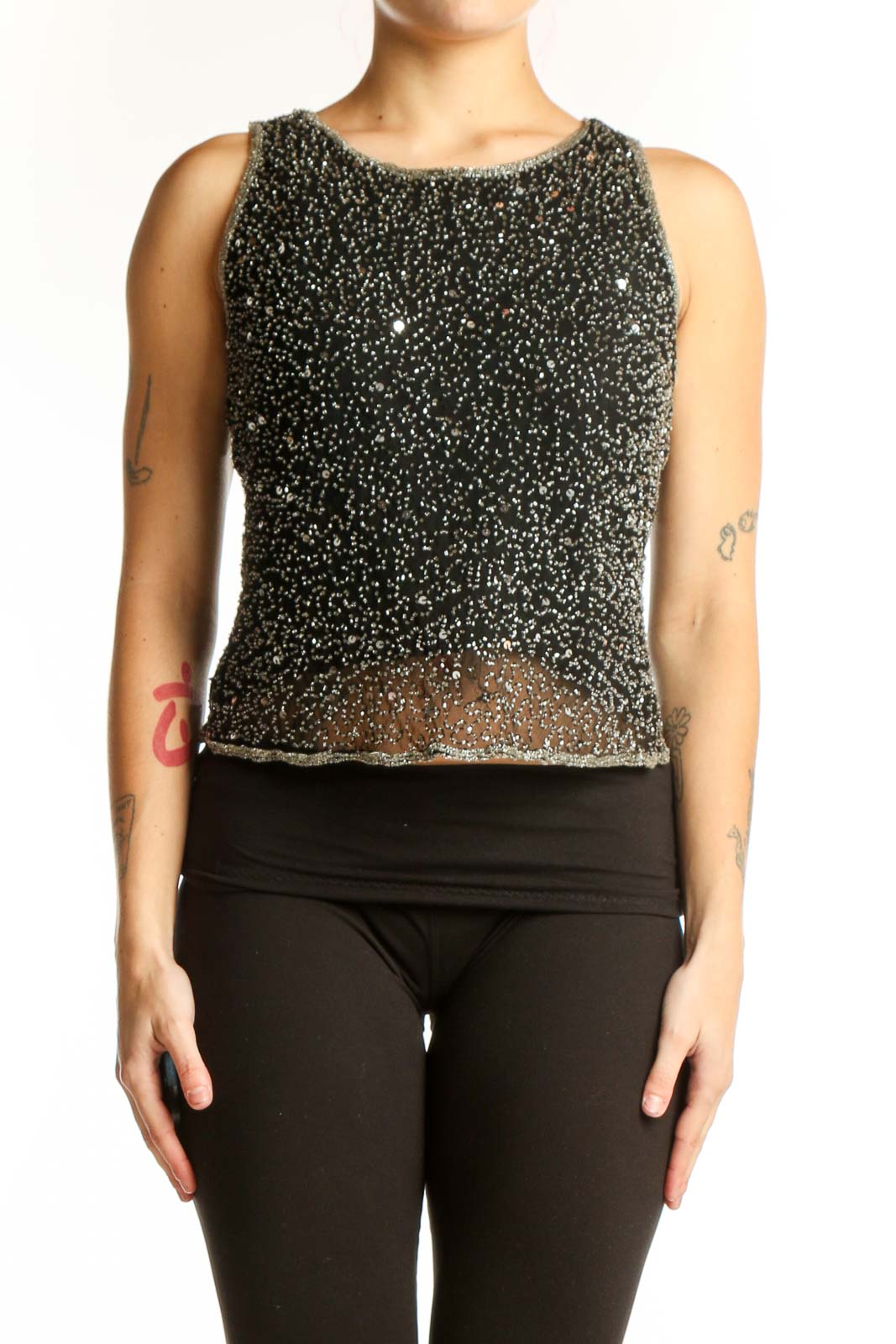 Black sequin beaded sleeveless tank top with cropped silhouette and all-over sparkle detail