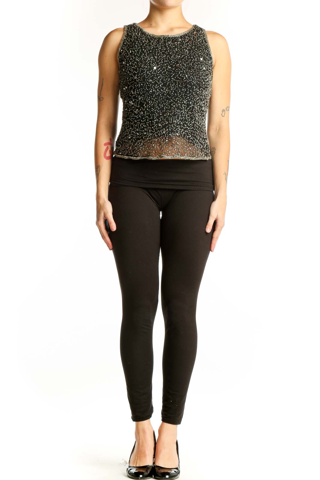 Black sequin beaded sleeveless tank top with cropped silhouette and all-over sparkle detail