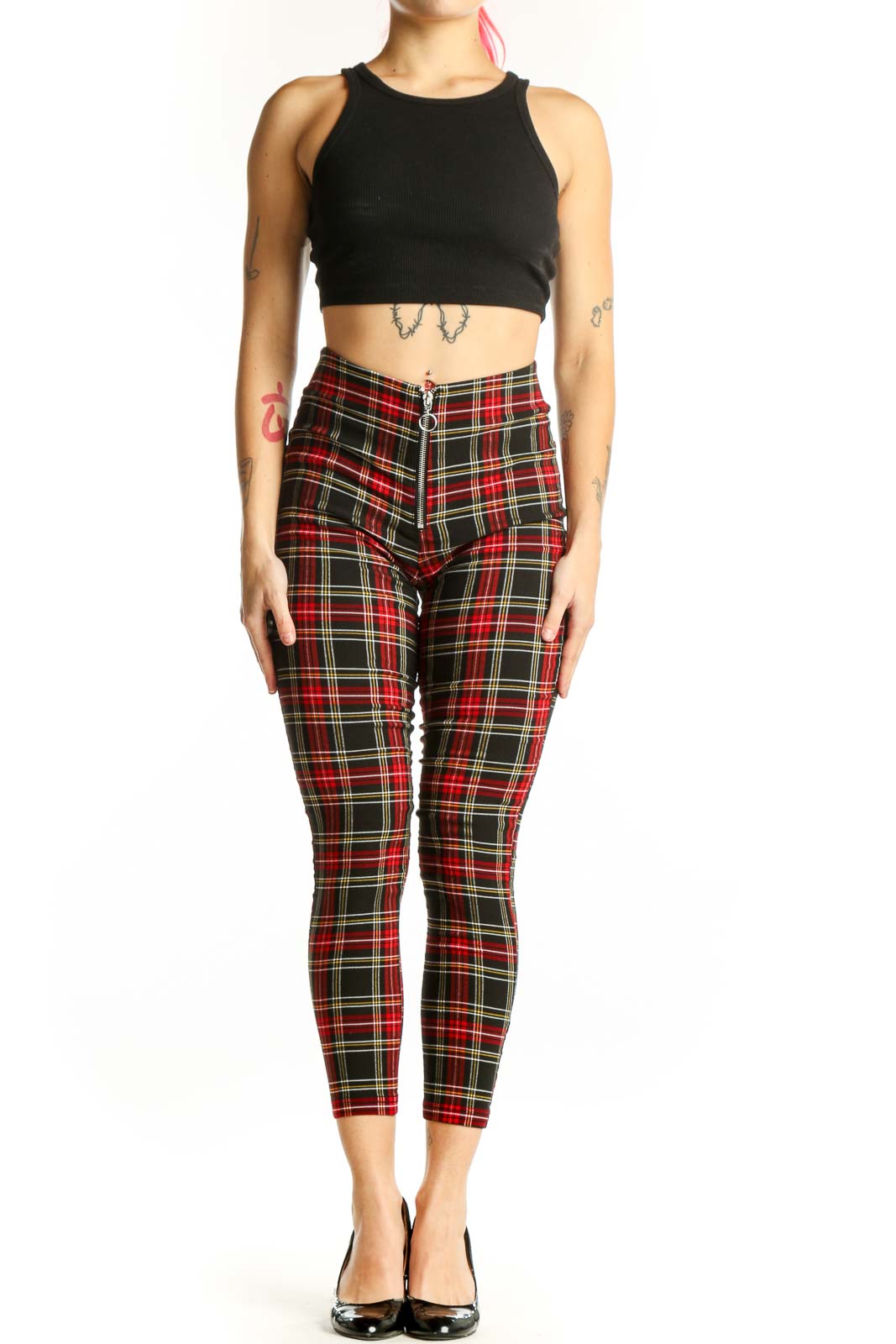 Red tartan plaid cropped pants with high-waisted design and zip fly closure, front view
