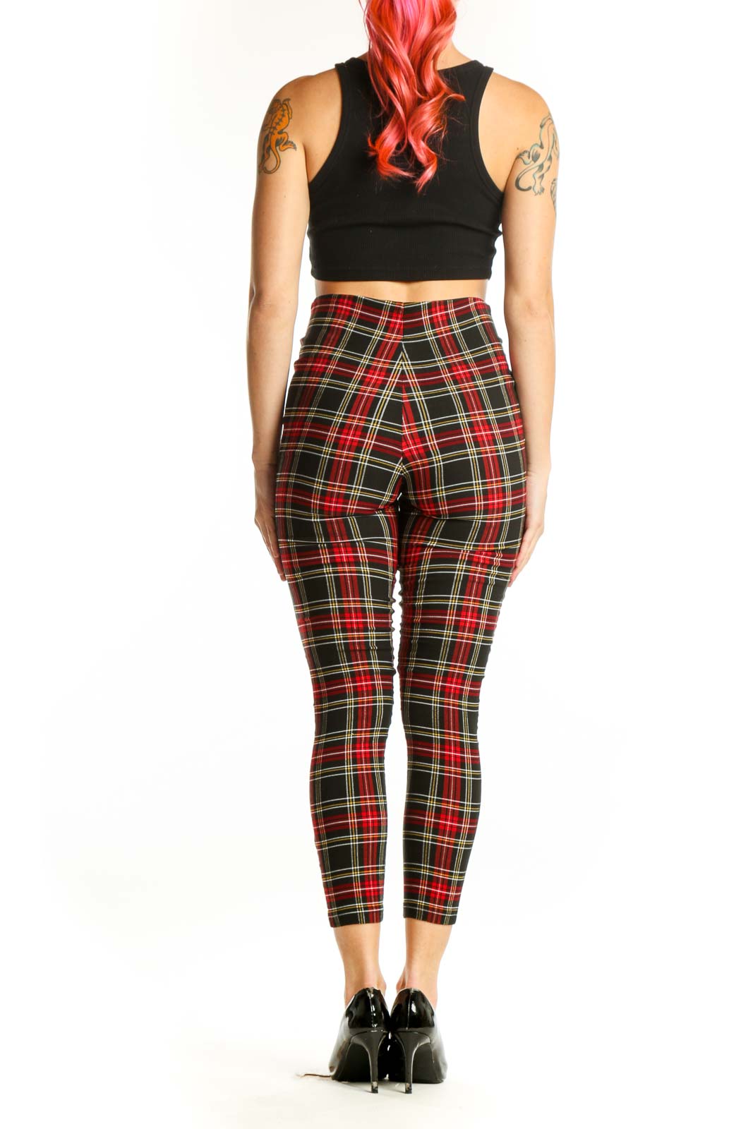 Red tartan plaid cropped pants high-waisted fit, back view with model wearing black crop top