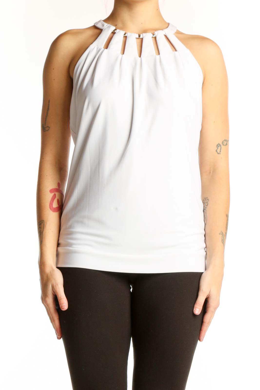 White halter neck tank top with pleated cutout details and gathered neckline, front view
