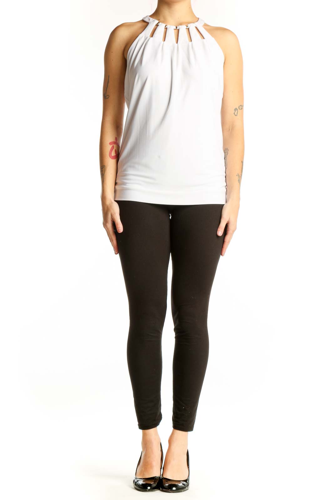 White halter neck tank top with pleated cutout details and gathered neckline, front view