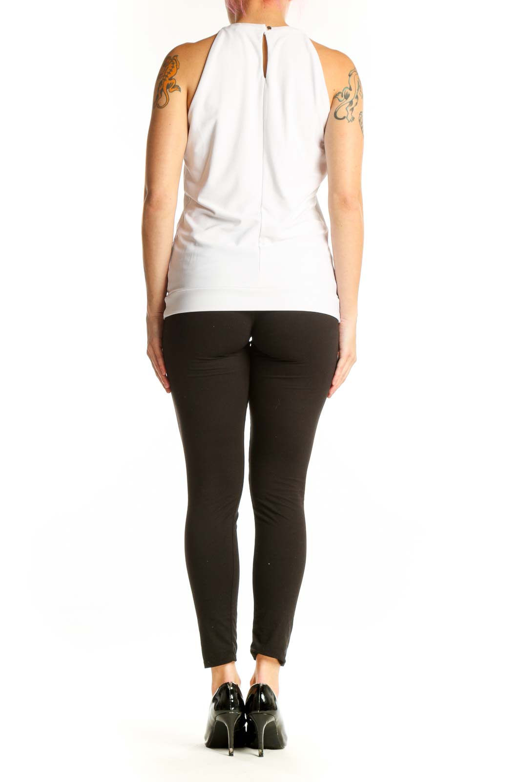 White halter tank top back view showing gathered fabric and sleeveless design