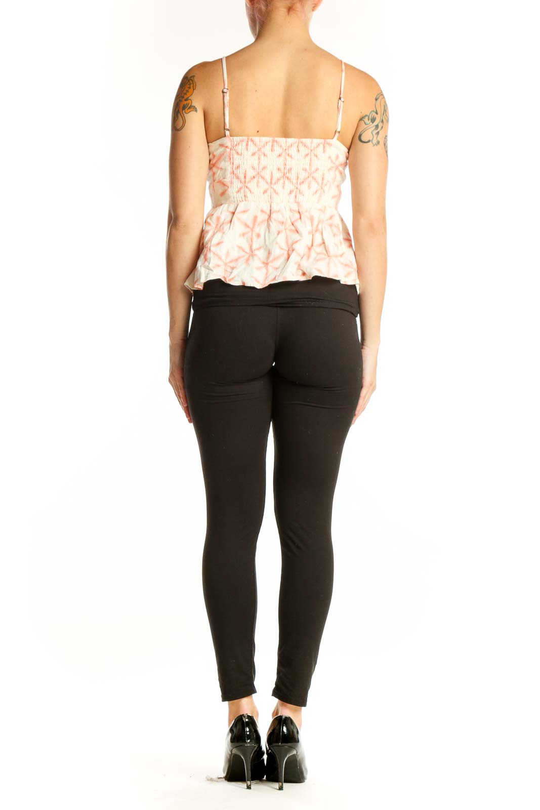 Cream and coral geometric print LOFT camisole top with adjustable spaghetti straps, back view on model