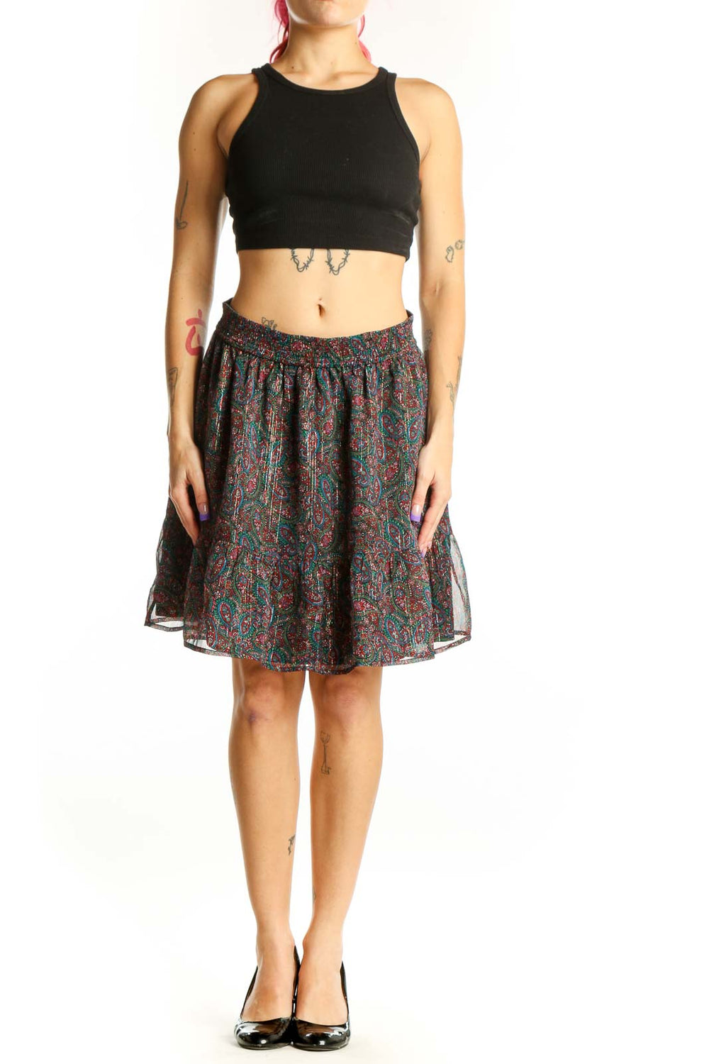 Front view of multicolor paisley pleated skater skirt by LOFT, size S, featuring vibrant burgundy, teal, and gold paisley pattern with elastic waistband