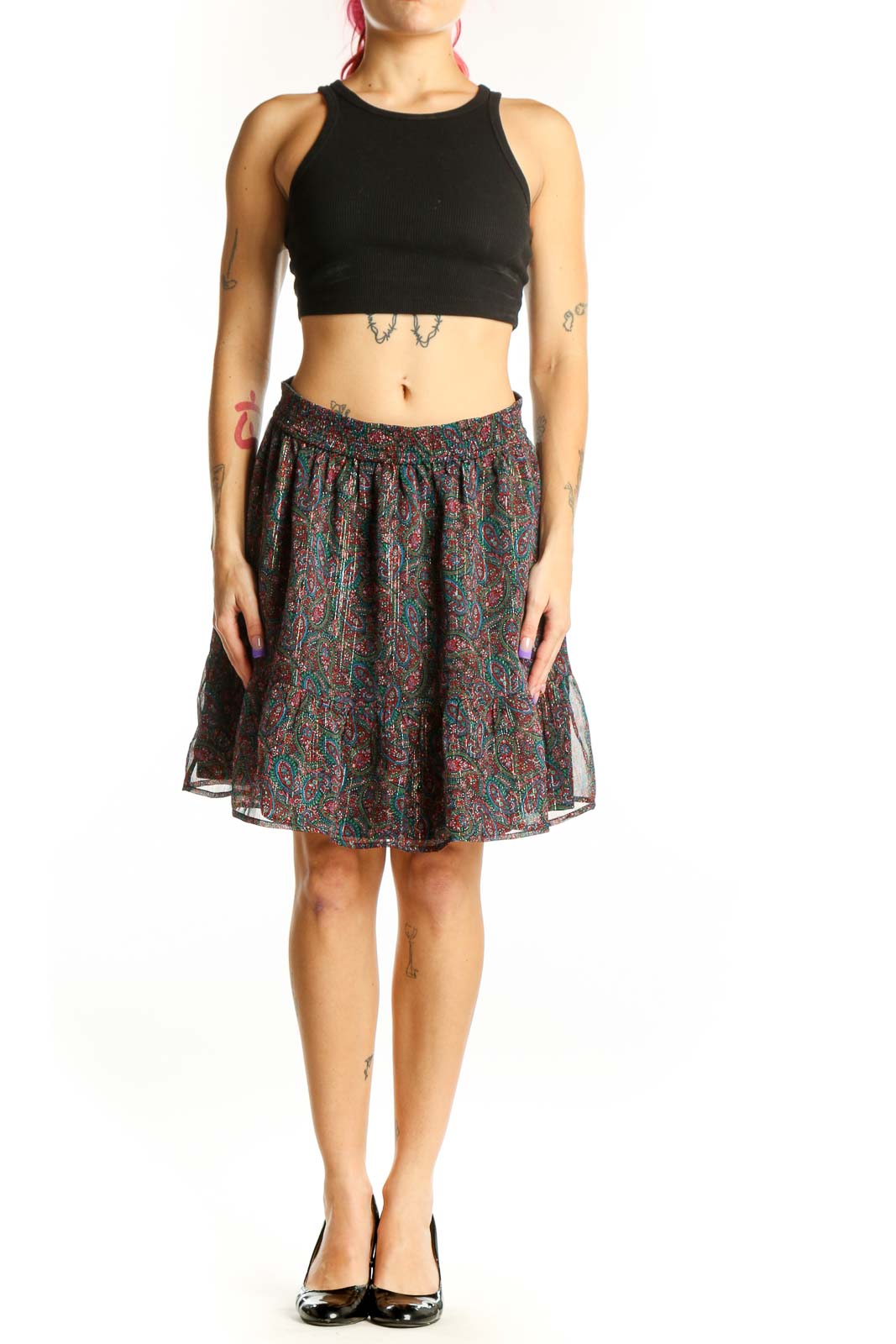 Front view of multicolor paisley pleated skater skirt by LOFT, size S, featuring vibrant burgundy, teal, and gold paisley pattern with elastic waistband