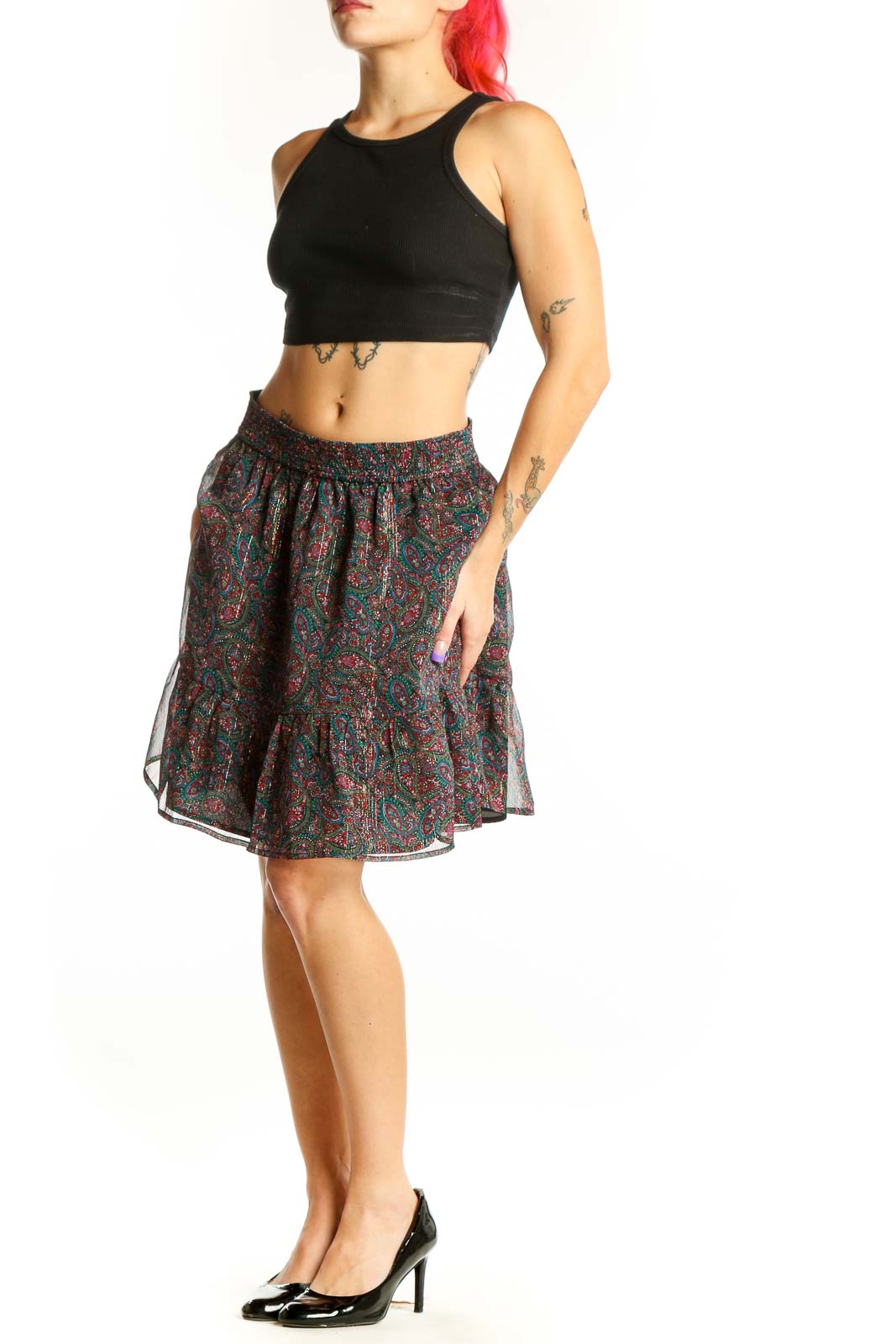 Front view of multicolor paisley pleated skater skirt by LOFT, size S, featuring vibrant burgundy, teal, and gold paisley pattern with elastic waistband