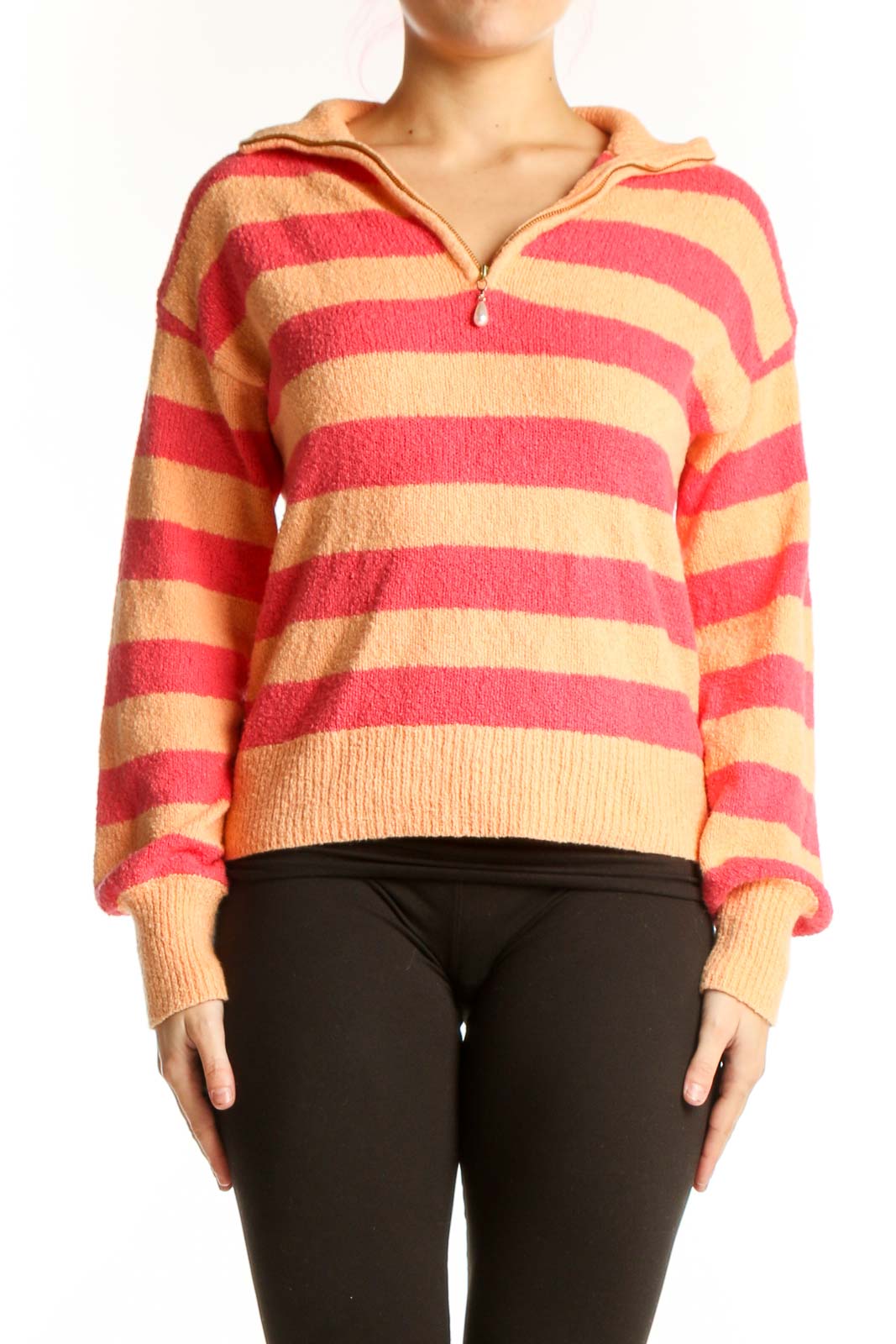 Front view of pink and cream striped hooded quarter-zip knit sweater by J.Crew