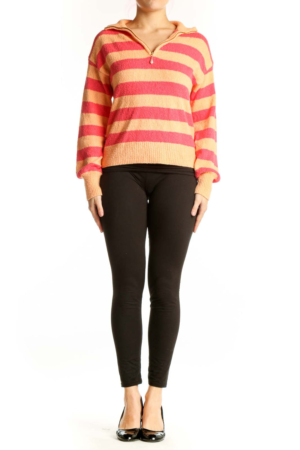 Front view of pink and cream striped hooded quarter-zip knit sweater by J.Crew