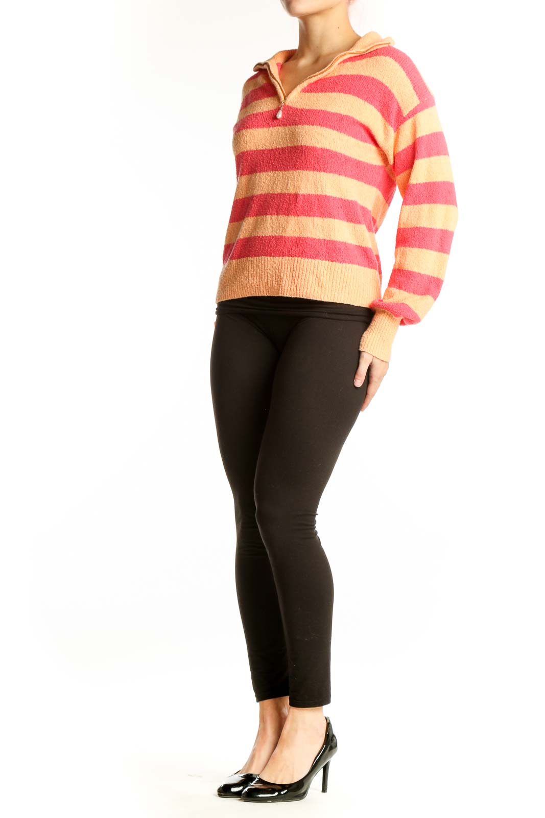 Front view of pink and cream striped hooded quarter-zip knit sweater by J.Crew
