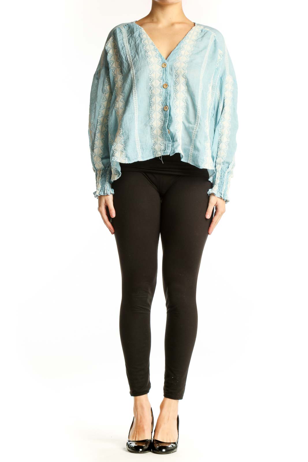 Light blue lace button-up cropped blouse with puffed sleeves and cream lace detailing, front view