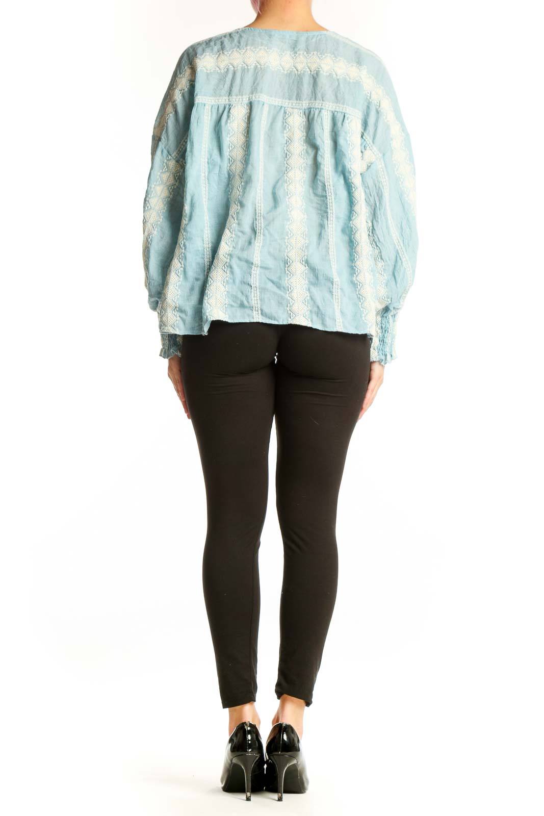 Light blue lace button-up cropped blouse with puffed sleeves, back view