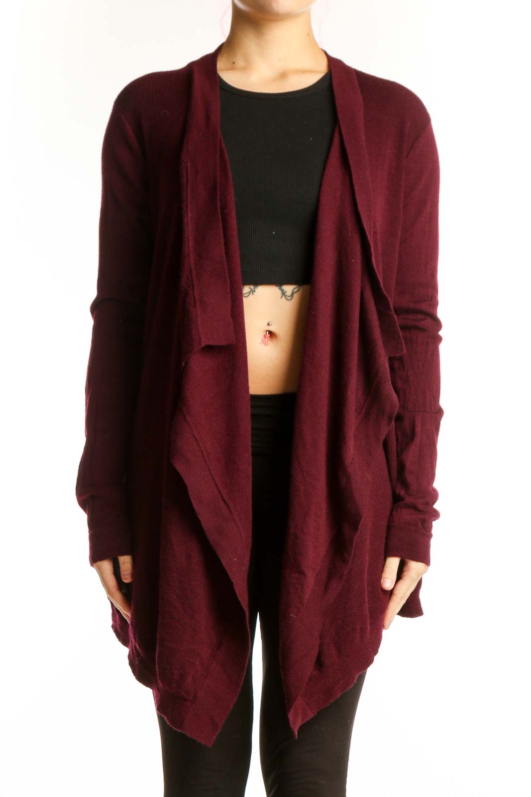 Burgundy merino wool open front cardigan by Theory, worn over black top, showing relaxed drape and long sleeves
