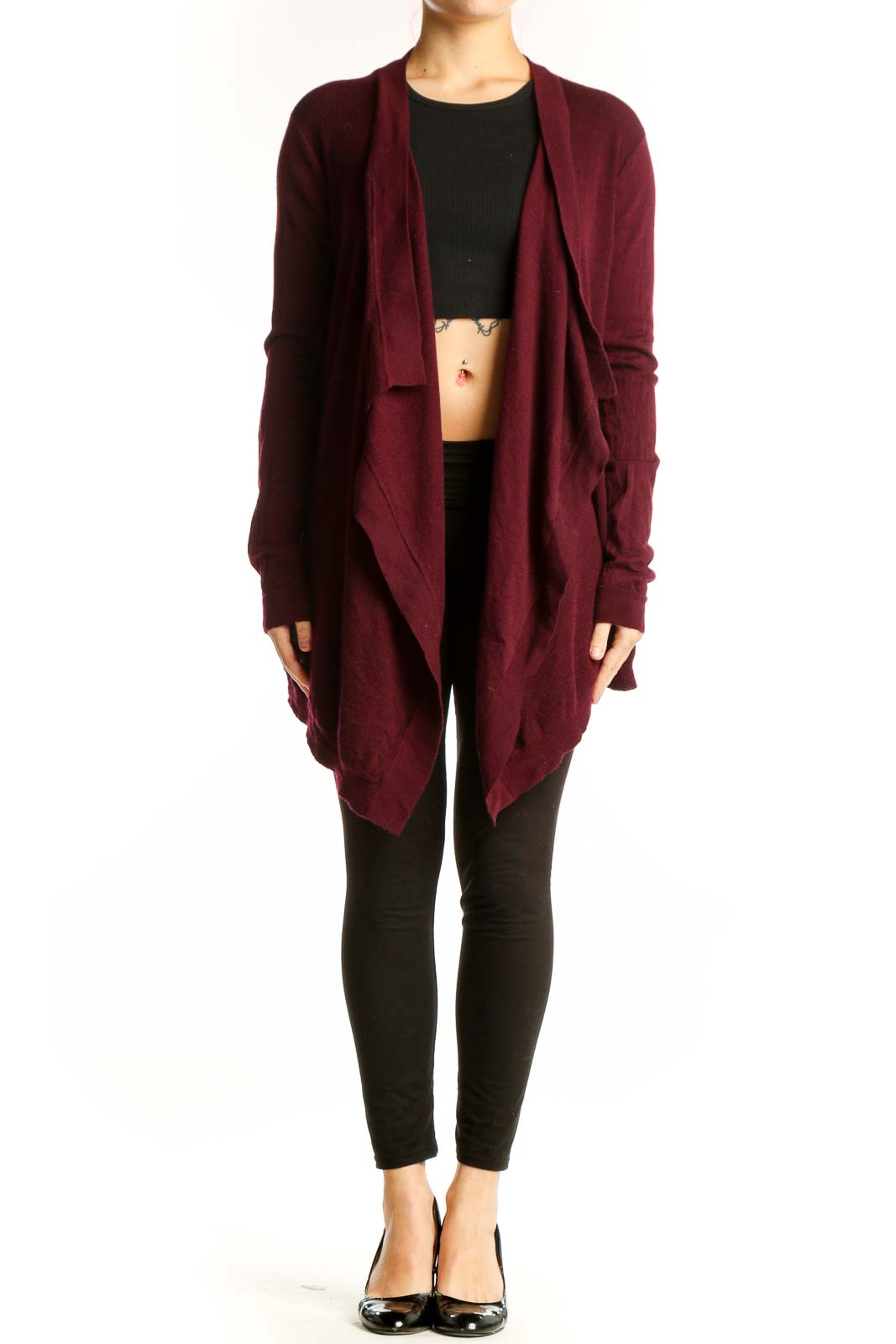 Burgundy merino wool open front cardigan by Theory, worn over black top, showing relaxed drape and long sleeves