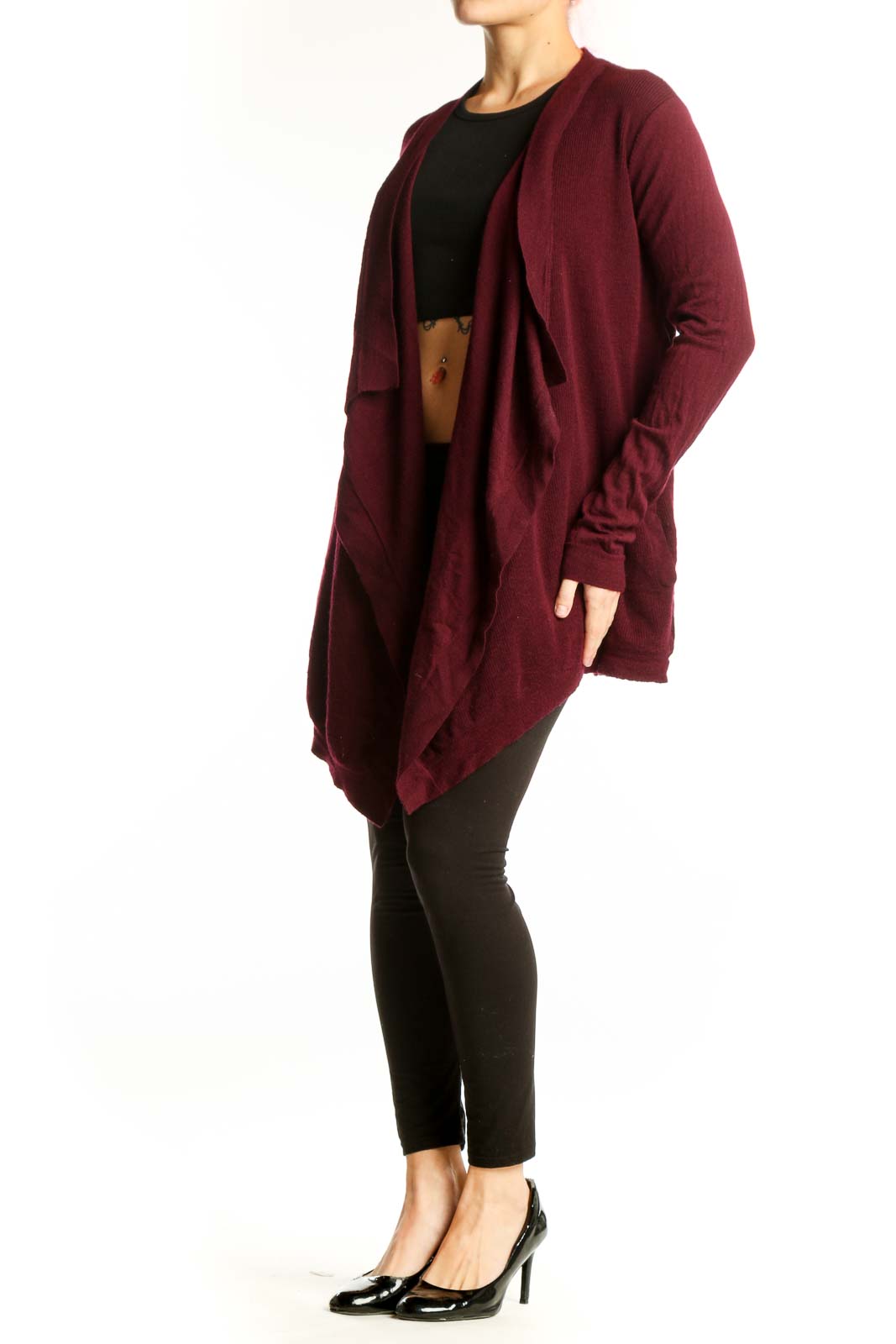Burgundy merino wool open front cardigan by Theory, worn over black top, showing relaxed drape and long sleeves