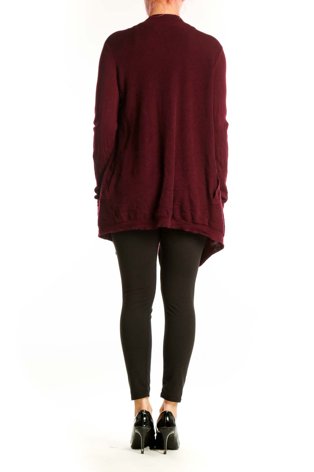 Back view of burgundy Theory merino wool cardigan displaying open front design and flowing silhouette