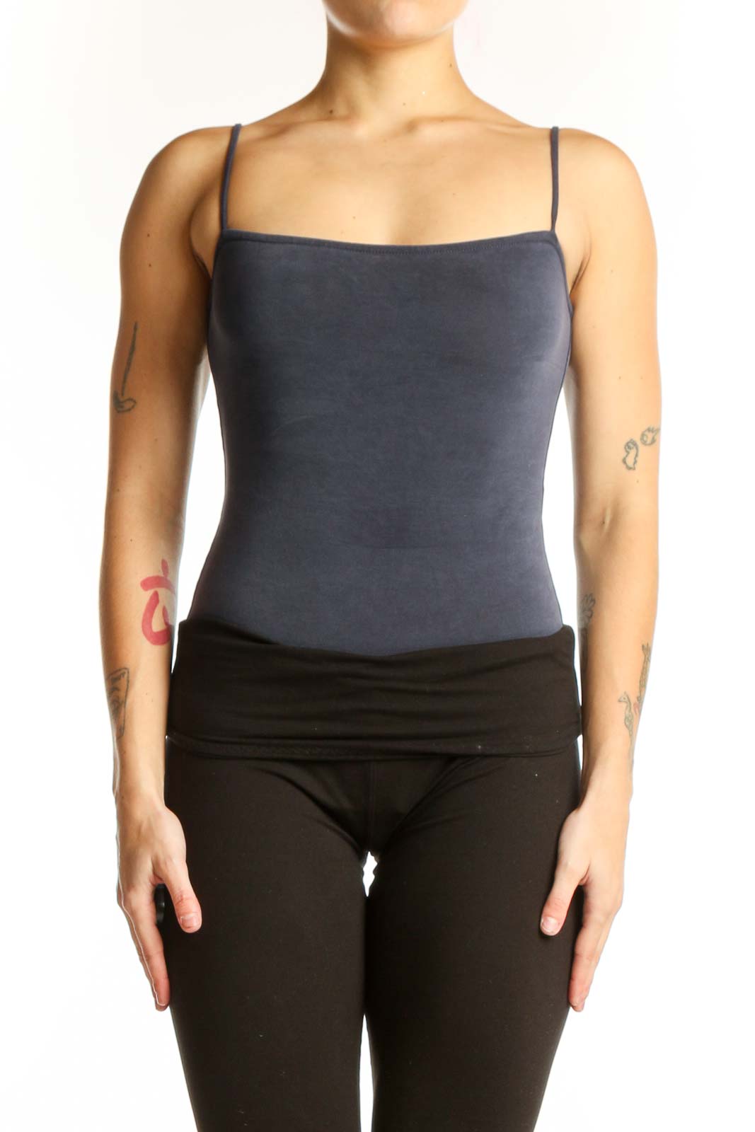 Navy camisole tank top with spaghetti straps and fitted silhouette, front view