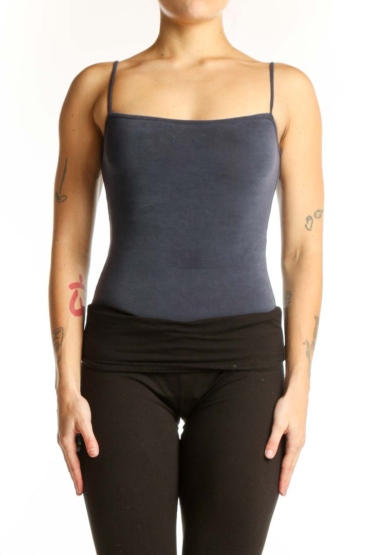 Navy camisole tank top with spaghetti straps and fitted silhouette, front view