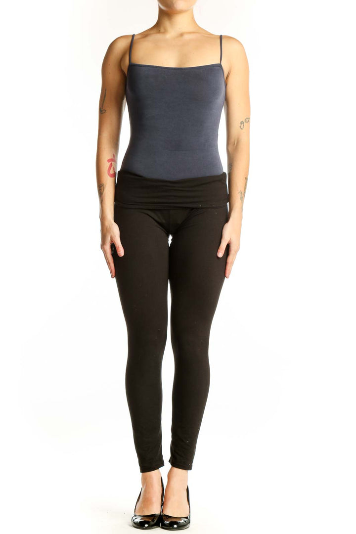 Navy camisole tank top with spaghetti straps and fitted silhouette, front view