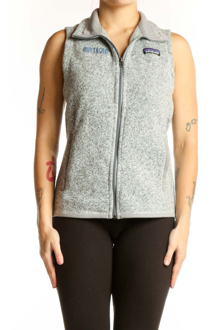 Patagonia gray heathered fleece zip-up vest front view, size small