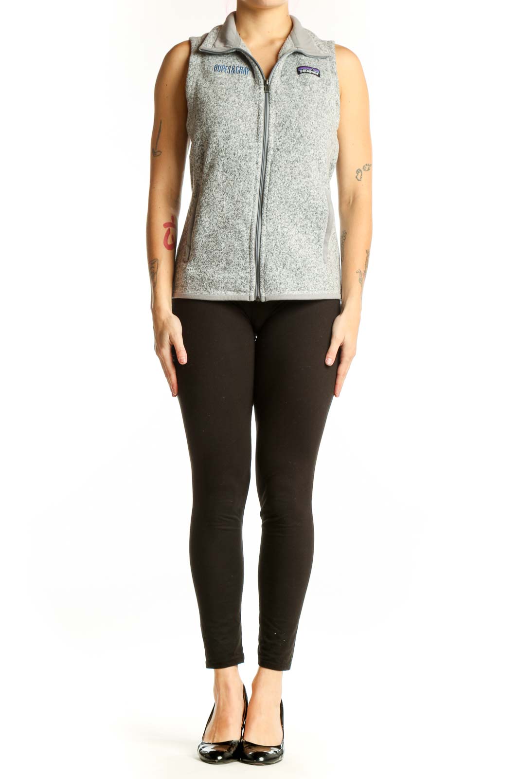 Patagonia gray heathered fleece zip-up vest front view, size small