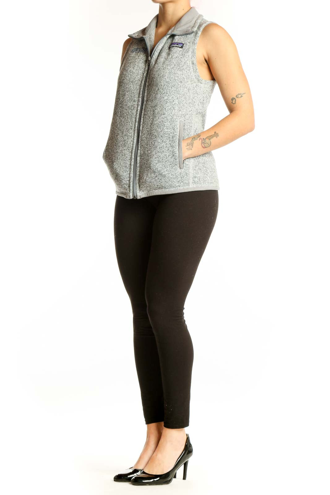 Patagonia gray heathered fleece zip-up vest front view, size small