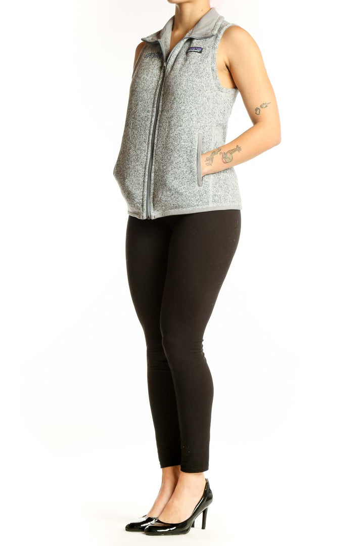 Patagonia gray heathered fleece zip-up vest front view, size small