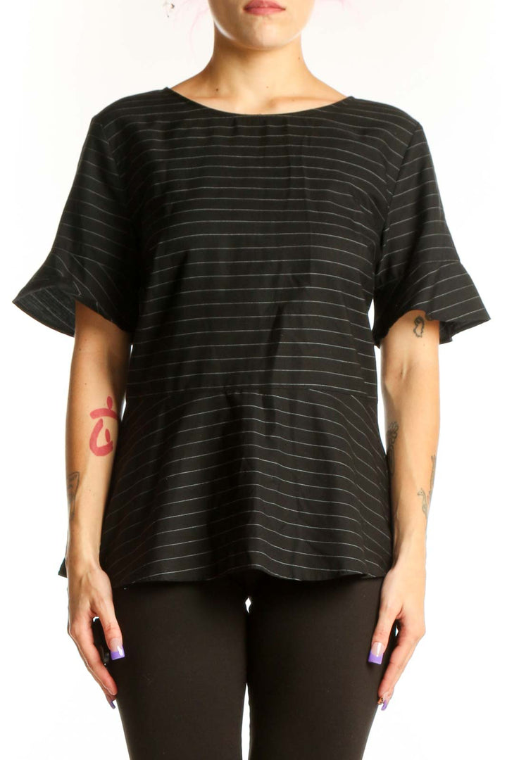 Black striped lyocell top with flutter sleeves and crew neckline, front view