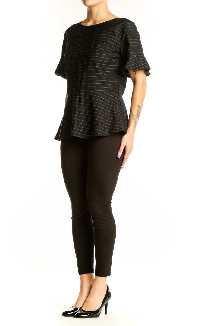 Black striped lyocell top with flutter sleeves and crew neckline, front view