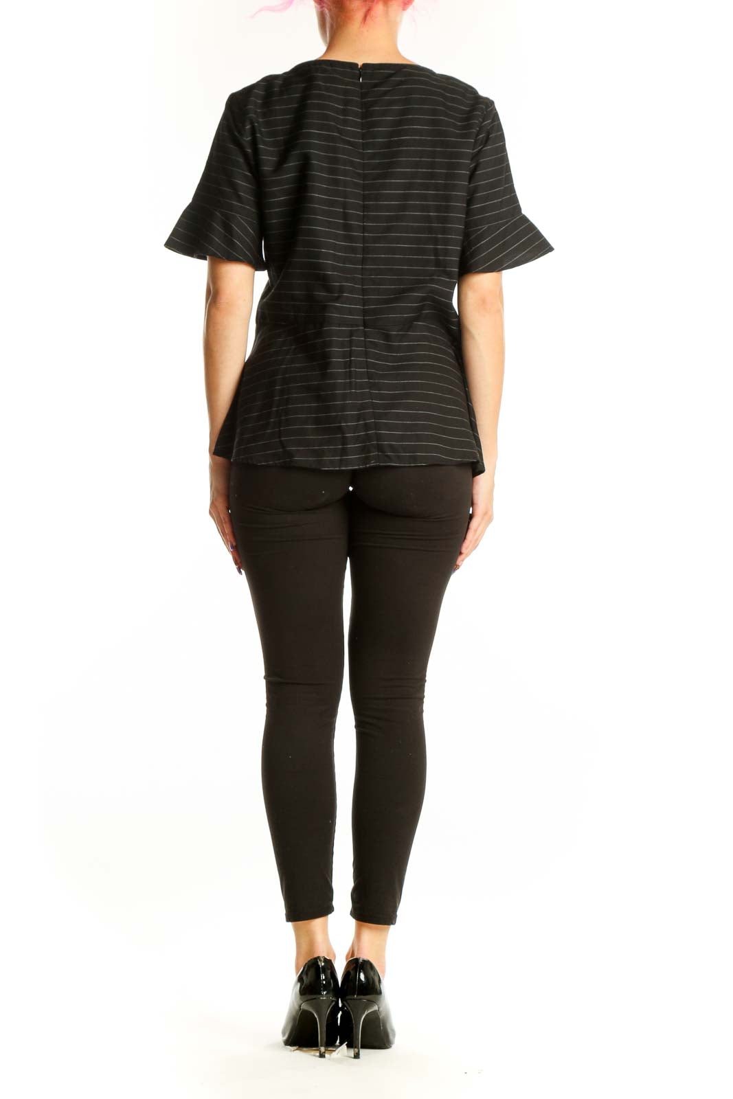 Black striped lyocell top with flutter sleeves, back view showing relaxed fit