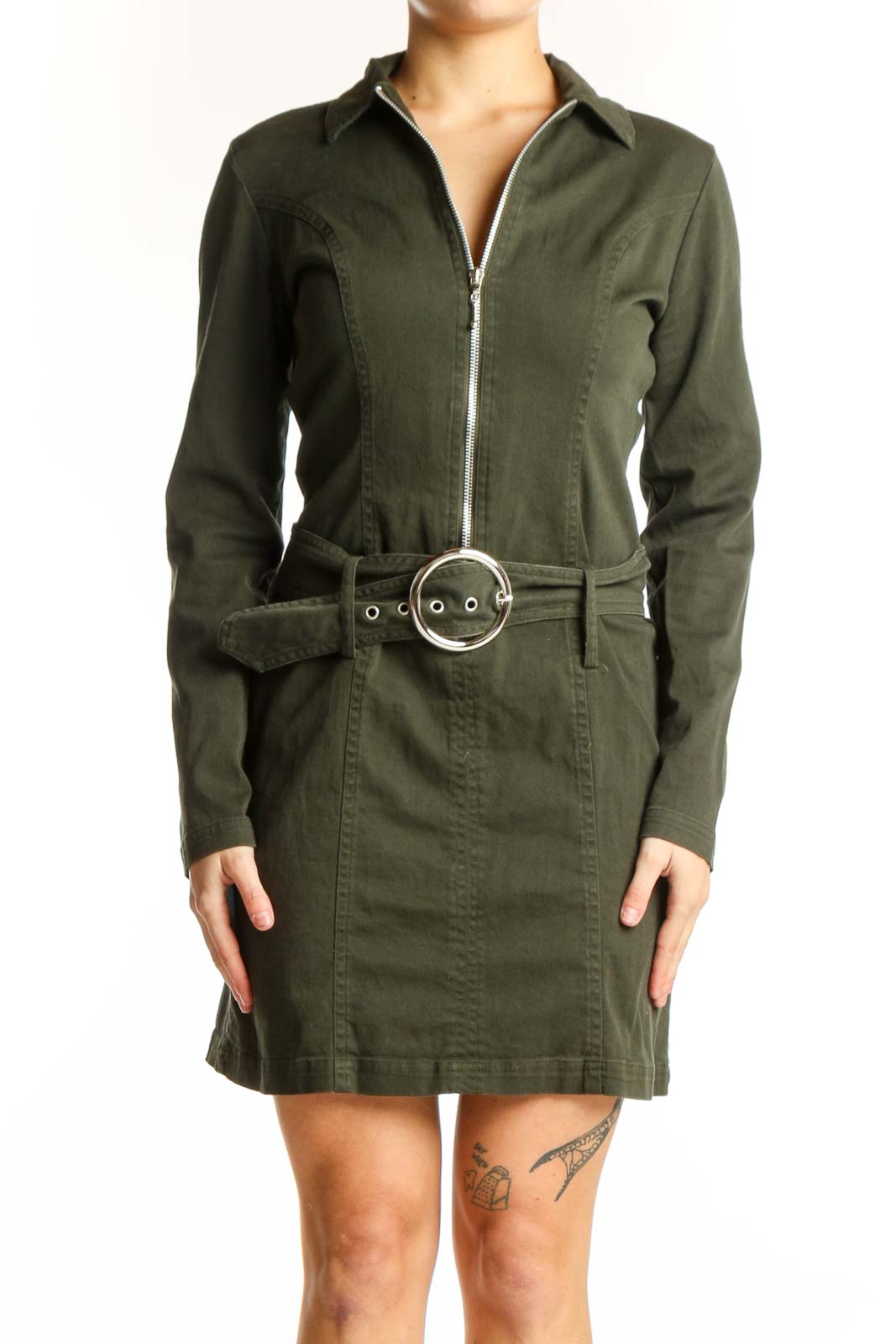Olive green belted shirt dress with zip front and circular buckle belt, front view