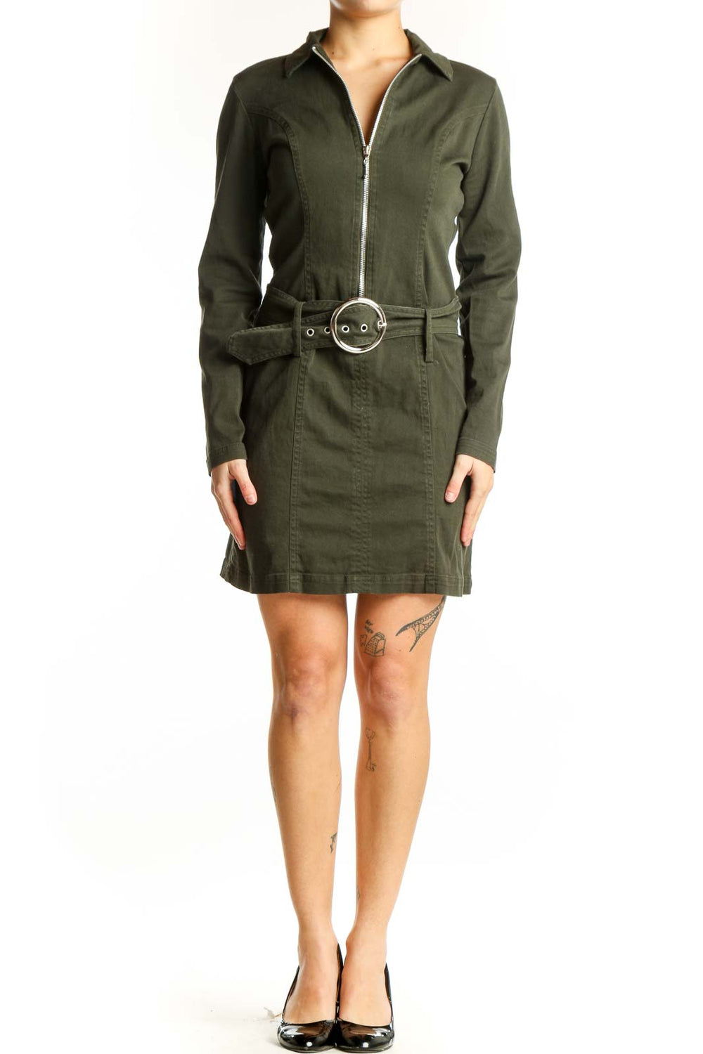 Olive green belted shirt dress with zip front and circular buckle belt, front view