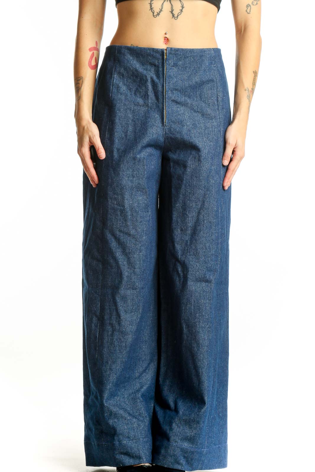 SilkRoll blue wide-leg denim jeans front view, high-waisted design with front zip closure