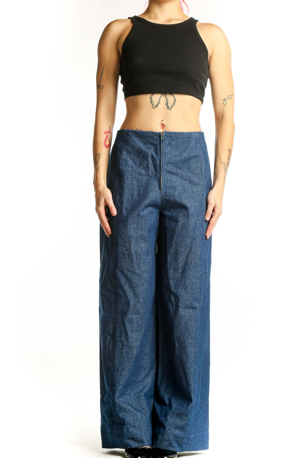 SilkRoll blue wide-leg denim jeans front view, high-waisted design with front zip closure